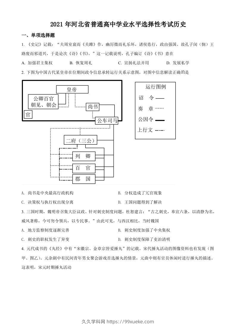 2021年高考历史试卷（河北）（空白卷）-久久学科网