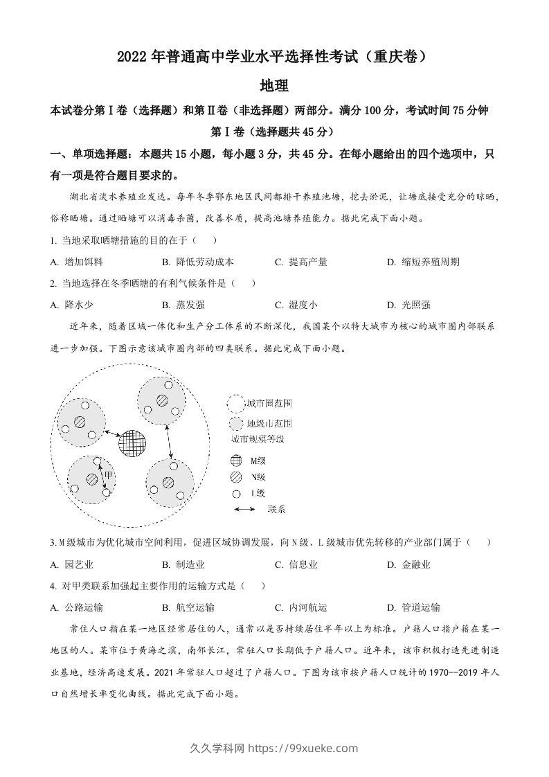 2022年高考地理试卷（重庆）（空白卷）-久久学科网