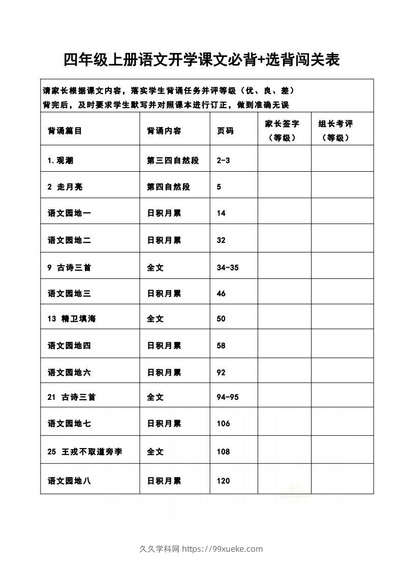 四（上）语文开学课文必背+选背闯关表-久久学科网