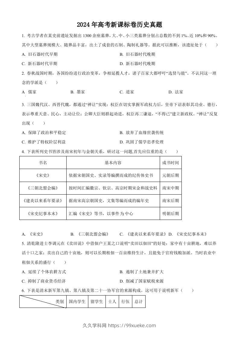 2024年高考历史试卷（新课标）（空白卷）-久久学科网