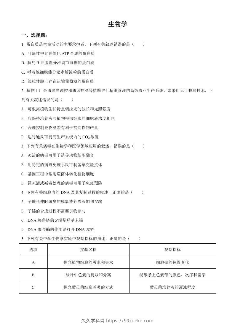 2021年高考生物试卷（辽宁）（空白卷）-久久学科网