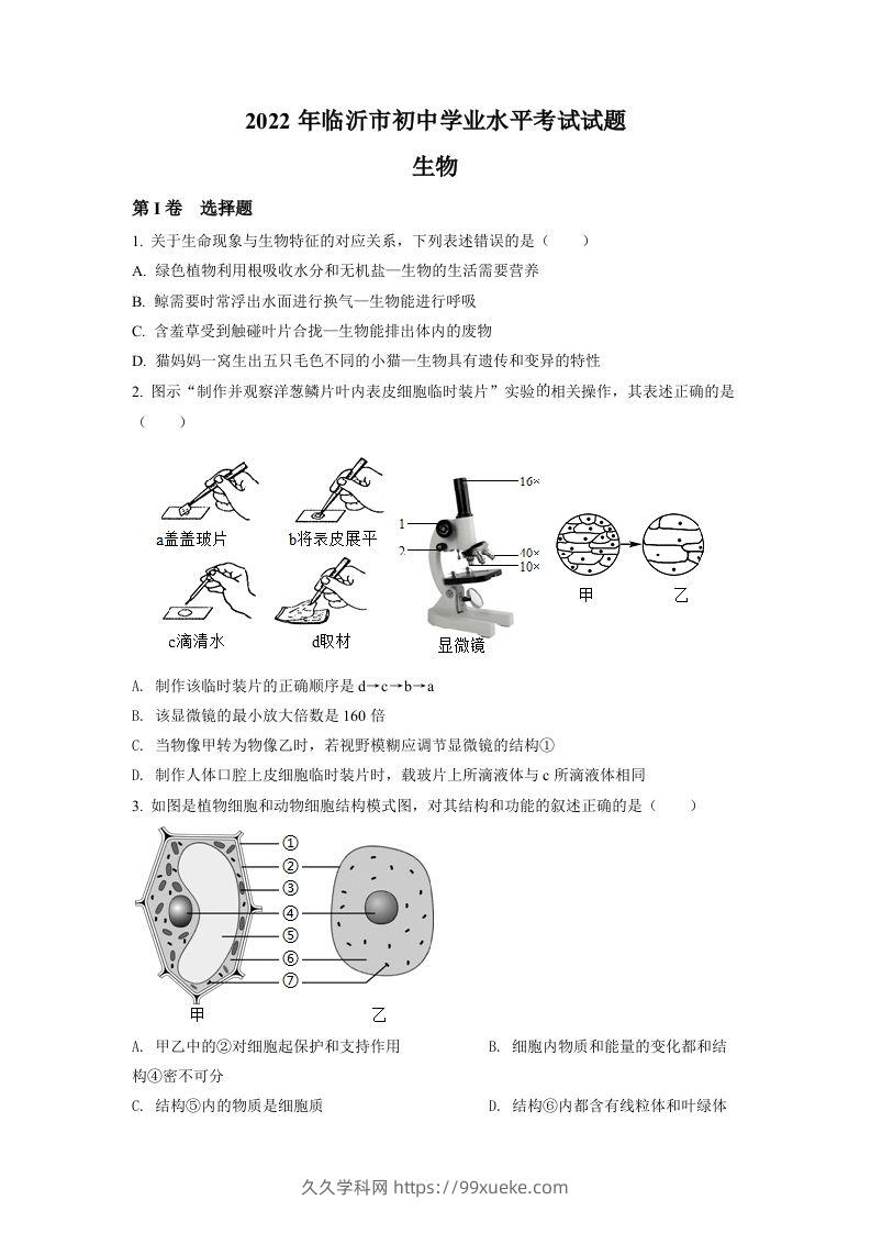 2022年山东省临沂市中考生物真题（空白卷）-久久学科网