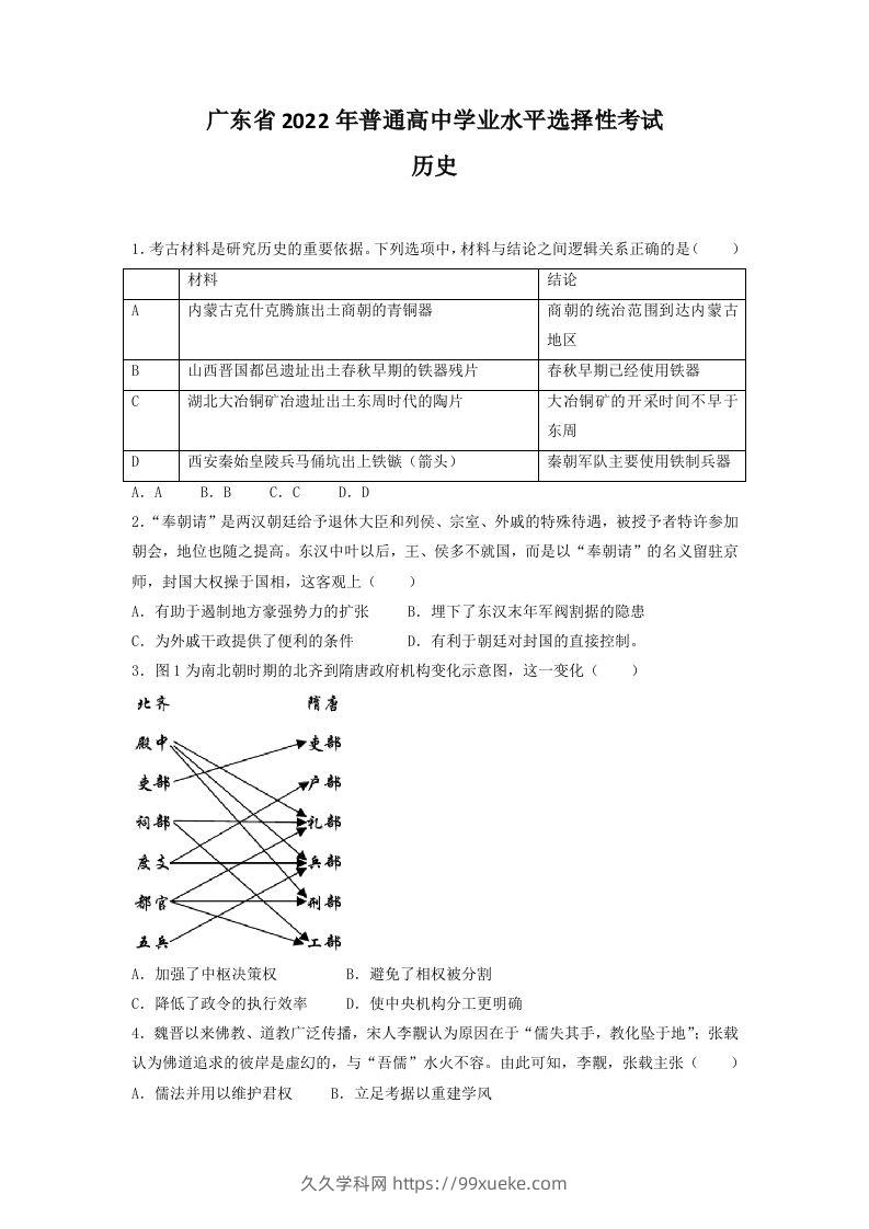 2022年高考历史试卷（广东）（空白卷）-久久学科网