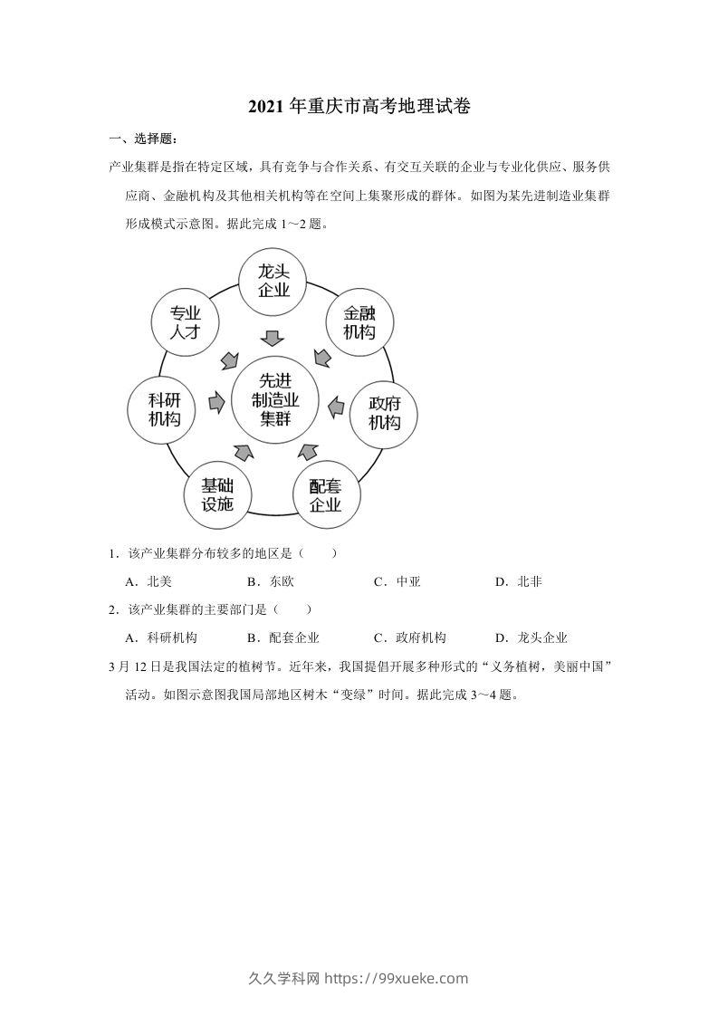 2021年高考地理试卷（重庆）（空白卷）-久久学科网