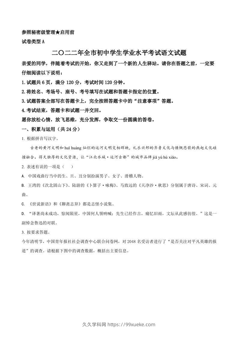 2022年山东省聊城市中考语文真题（空白卷）-久久学科网