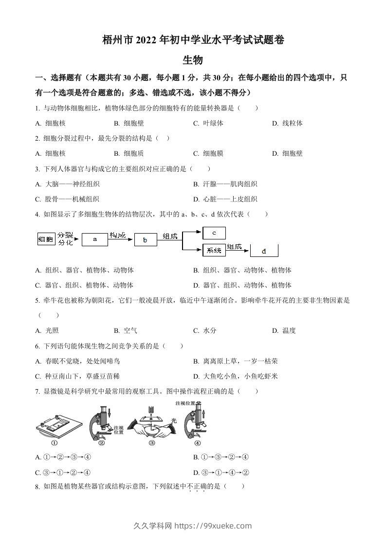 2022年广西梧州市中考生物真题（空白卷）-久久学科网