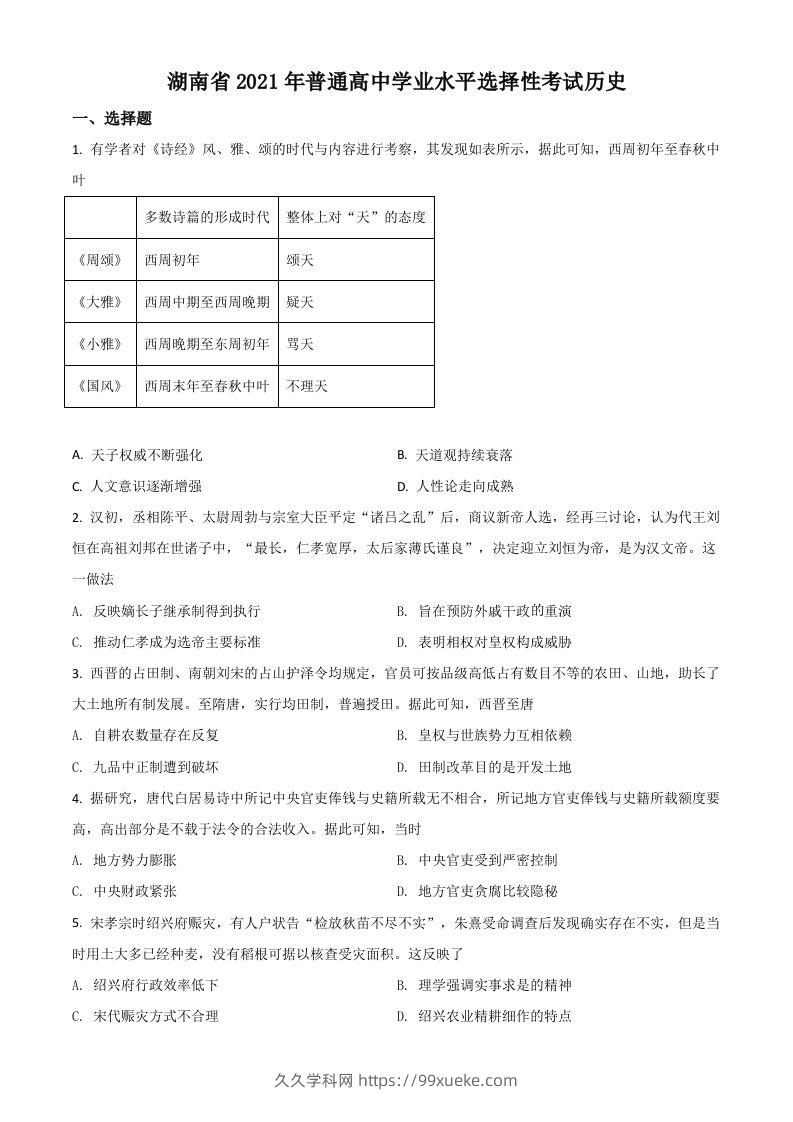 2021年高考历史试卷（湖南）（空白卷）-久久学科网