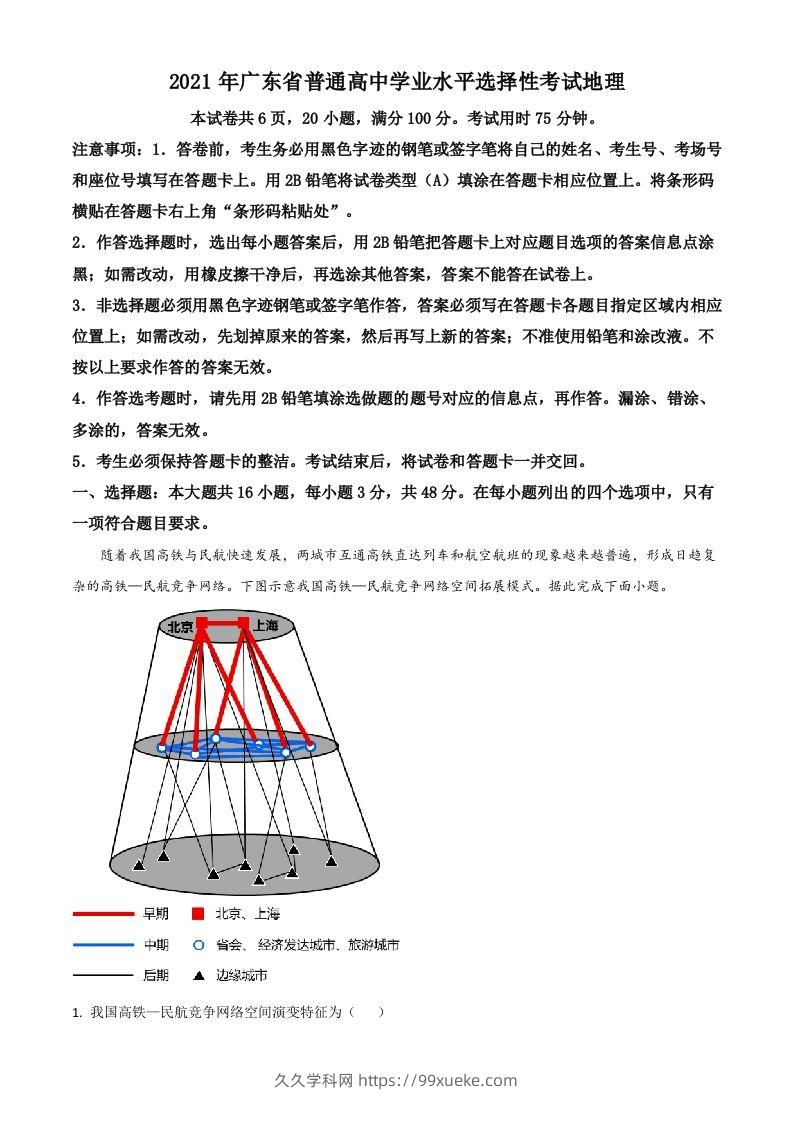 2021年高考地理试卷（广东）（空白卷）-久久学科网