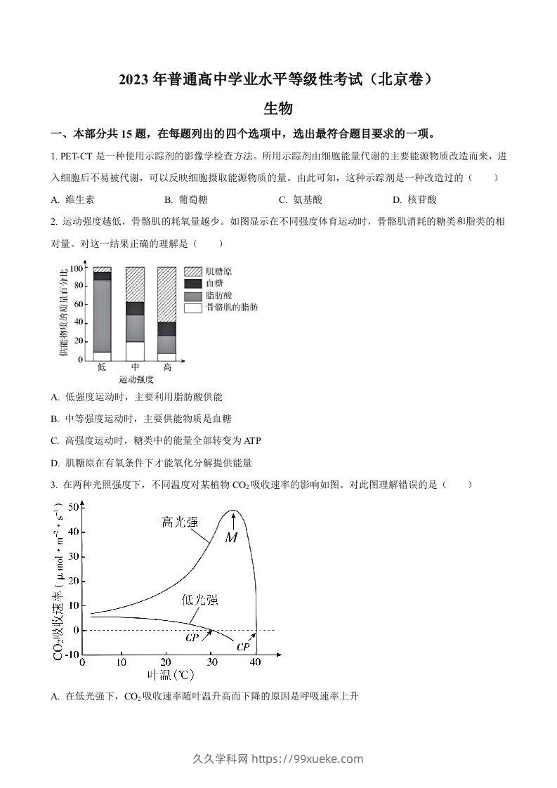 2023年高考生物试卷（北京）（空白卷）-久久学科网