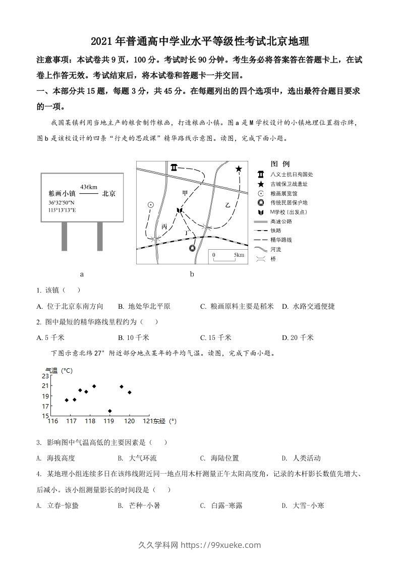 2021年高考地理试卷（北京）（空白卷）-久久学科网