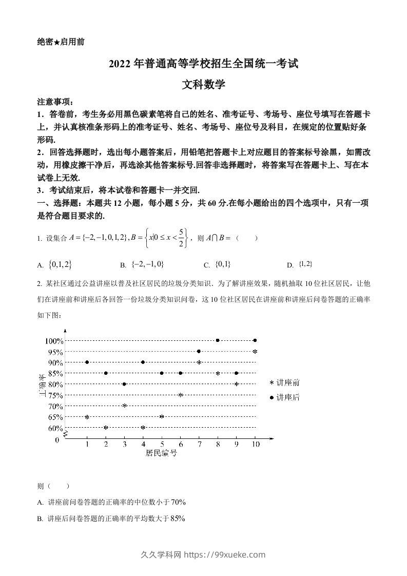 2022年高考数学试卷（文）（全国甲卷）（空白卷）-久久学科网