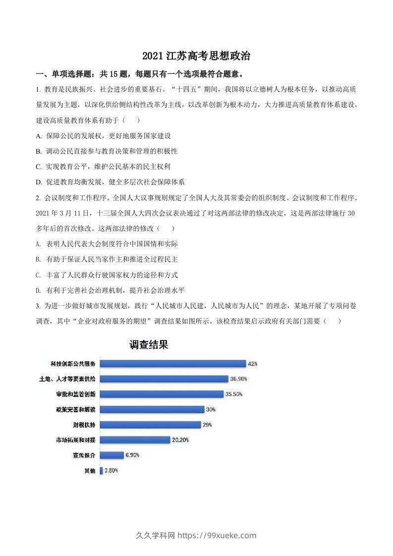 2021年高考政治试卷（江苏）（空白卷）-久久学科网