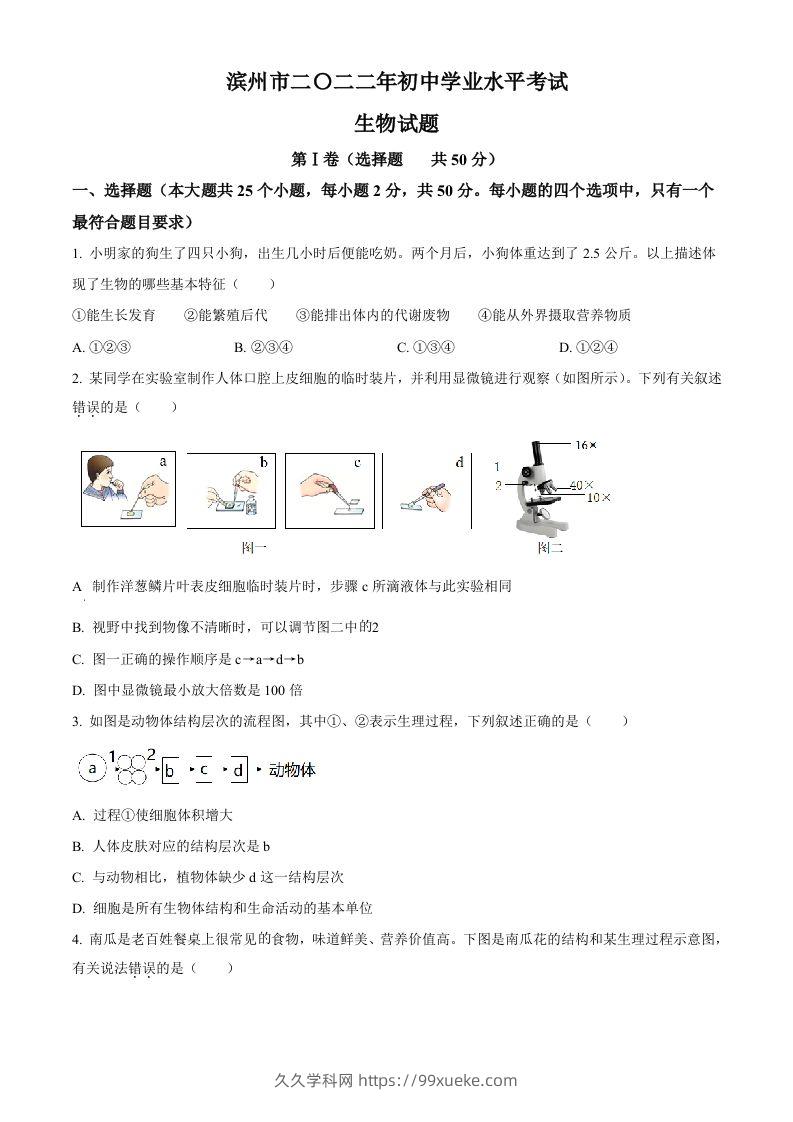 2022年山东省滨州市中考生物真题（空白卷）-久久学科网