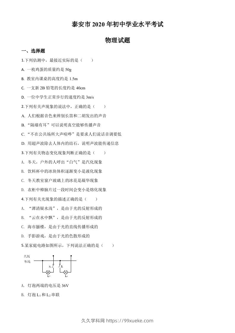 2020年山东省泰安市中考物理试题（空白卷）-久久学科网