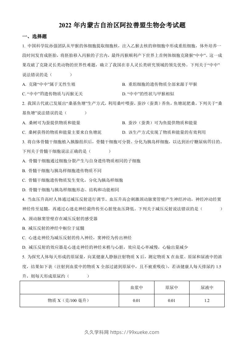 2022年内蒙古自治区阿拉善盟生物会考试题（空白卷）-久久学科网