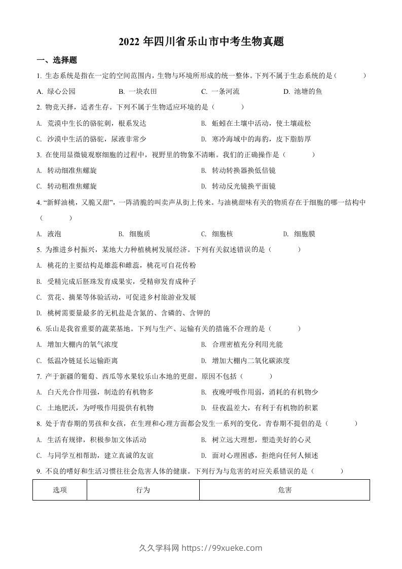 2022年四川省乐山市中考生物真题（空白卷）-久久学科网