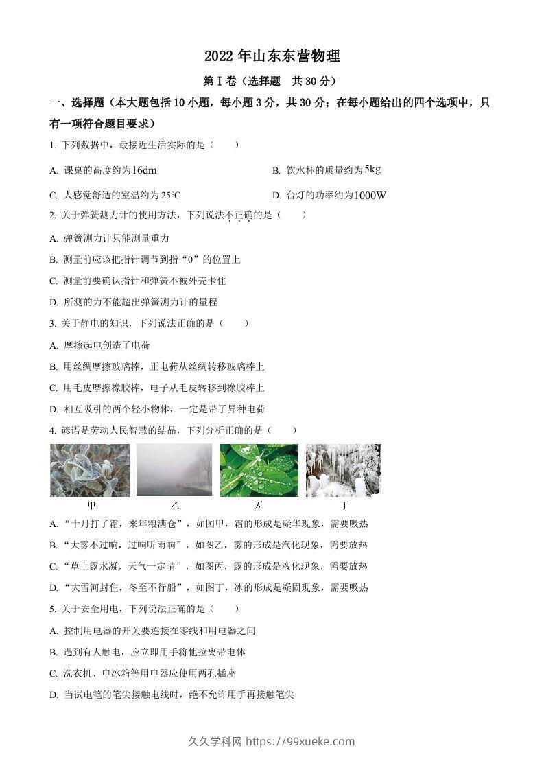 2022年山东省东营市中考物理试题（空白卷）(1)-久久学科网