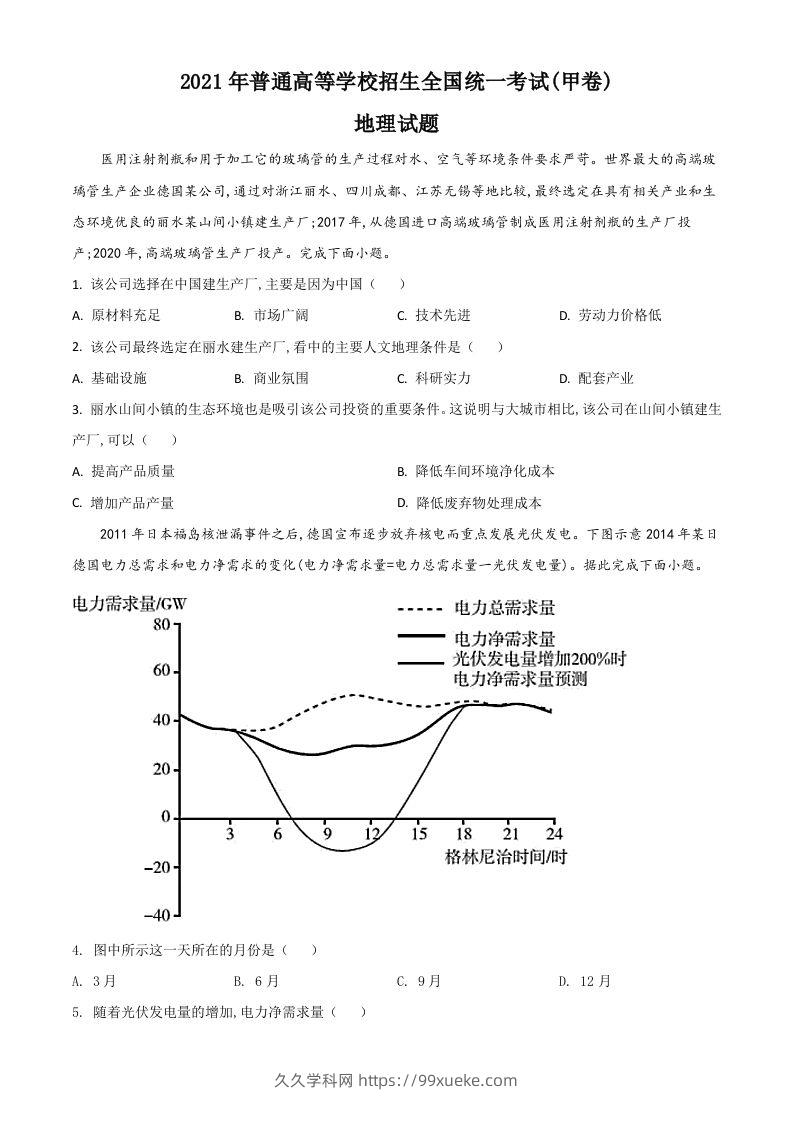 2021年高考地理试卷（全国甲卷）（空白卷）-久久学科网