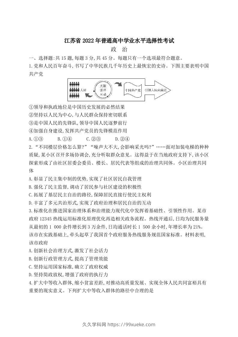 2022年高考政治试卷（江苏）（含答案）-久久学科网