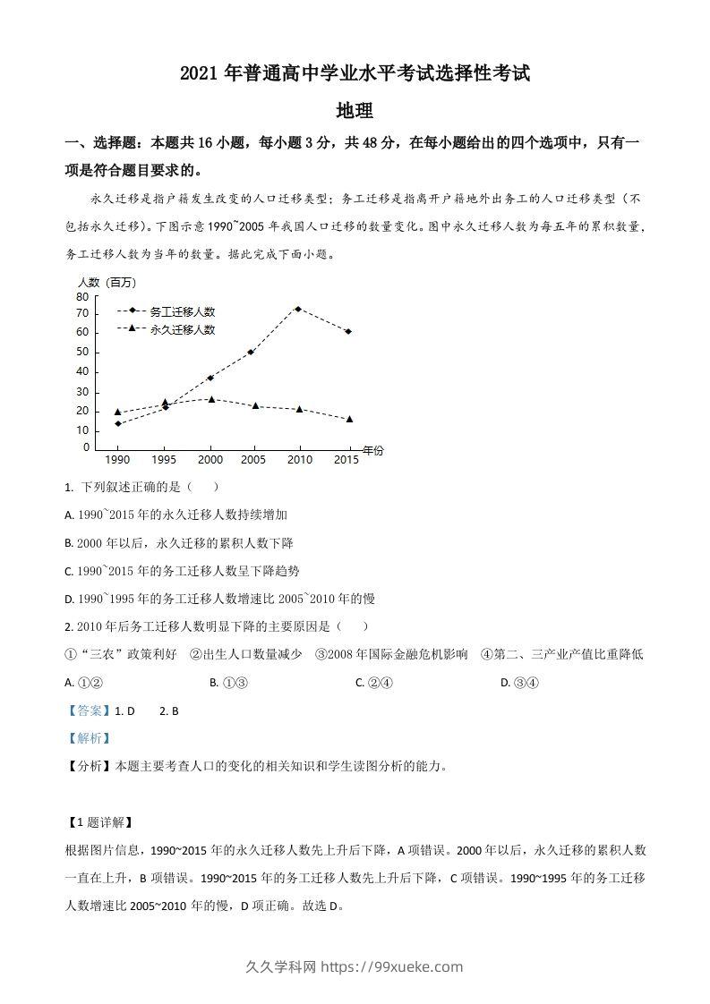 2021年高考地理试卷（湖南）（含答案）-久久学科网