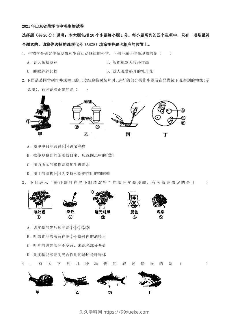 2021年山东省菏泽市中考生物真题（word，含答案）-久久学科网