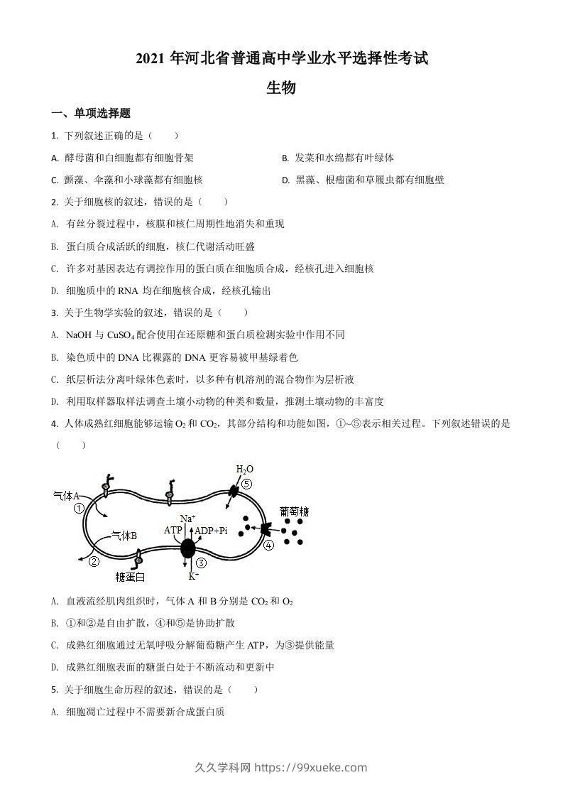 2021年高考生物试卷（河北）（空白卷）-久久学科网