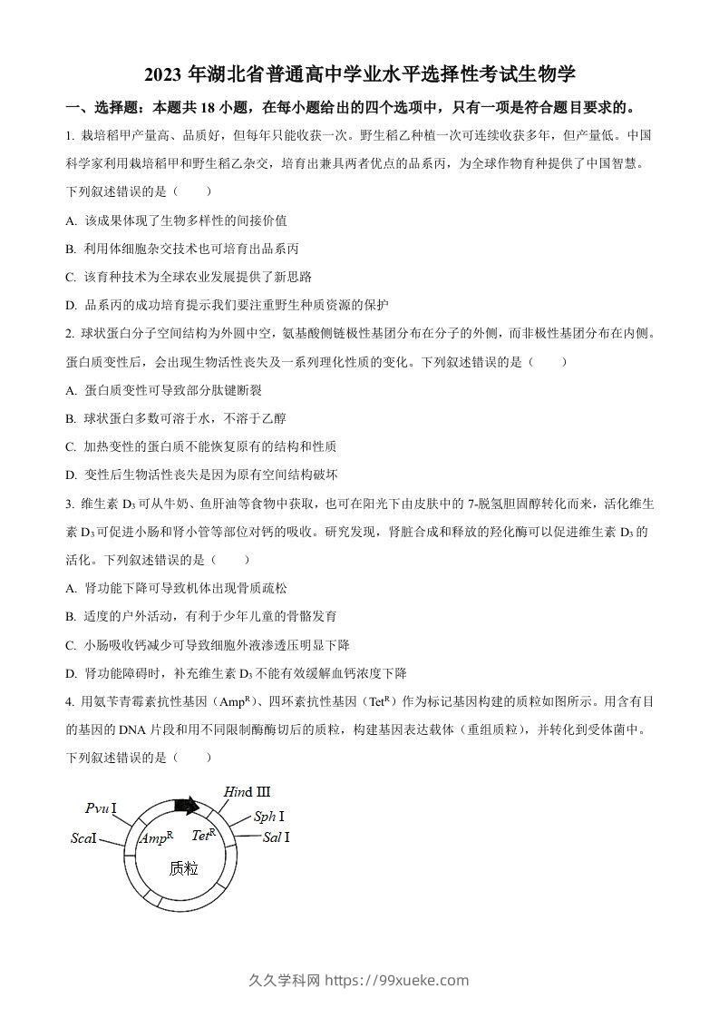 2023年高考生物试卷（湖北）（空白卷）-久久学科网