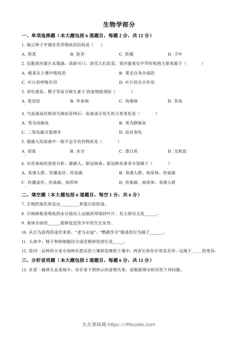 2022年甘肃省白银市中考生物真题（空白卷）-久久学科网