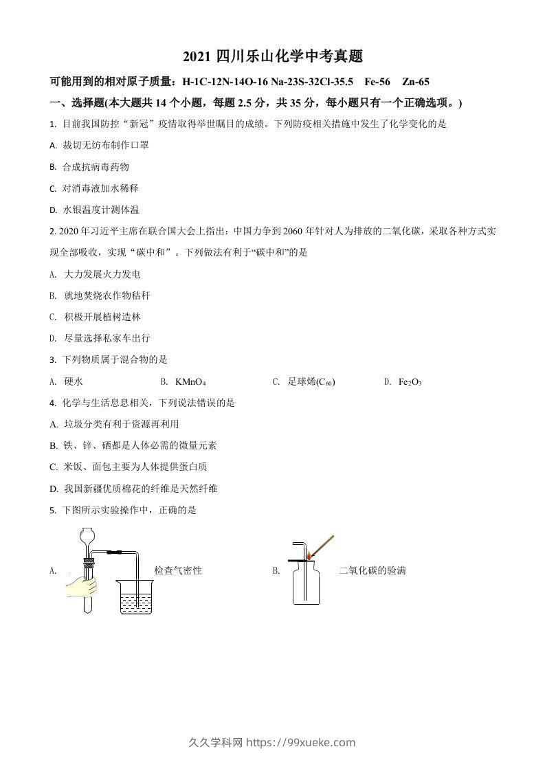 四川省乐山市2021年中考化学试题（空白卷）-久久学科网