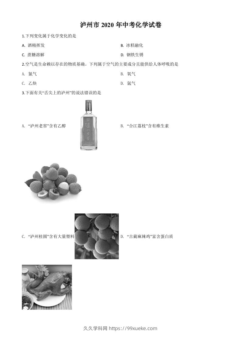 四川省泸州市2020年中考化学试题（空白卷）-久久学科网