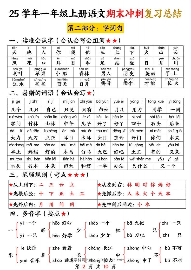 图片[2]-【25学年-期末冲刺复习总结（五大部分）10页】一上语文-久久学科网