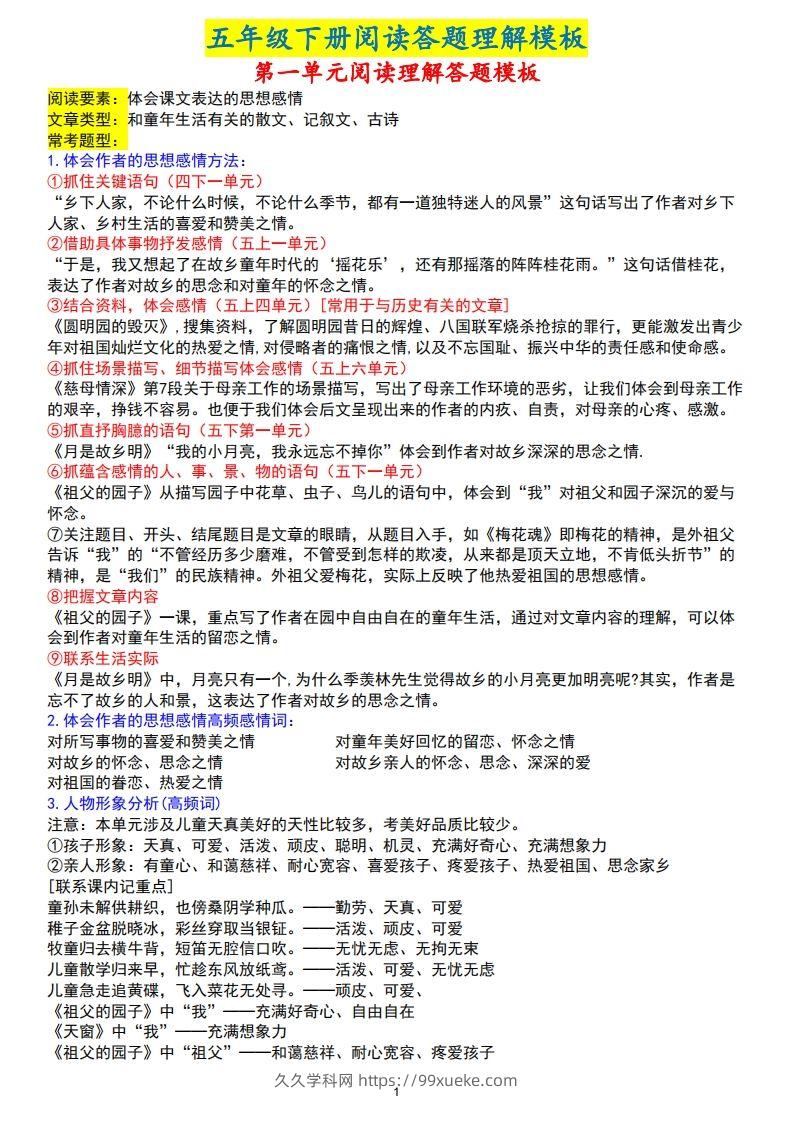 【阅读理解答题模板】五下语文(1)-久久学科网