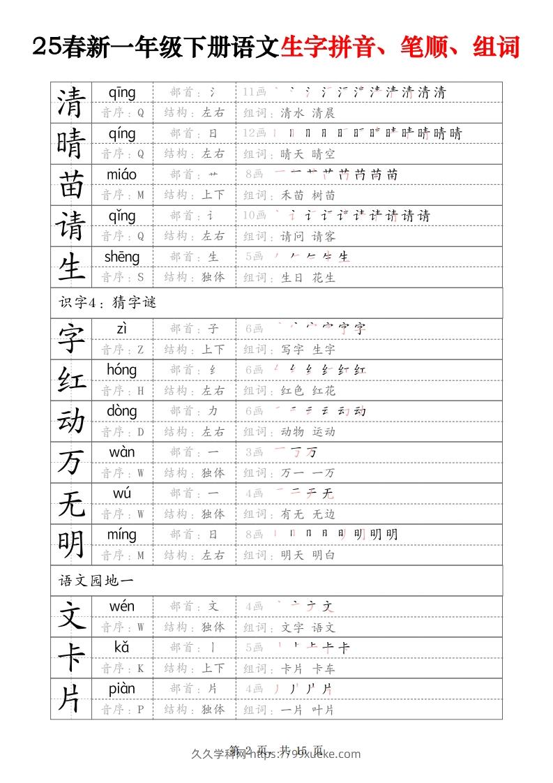 图片[2]-25春新一下语文生字拼音、笔顺、组词（15页）-久久学科网