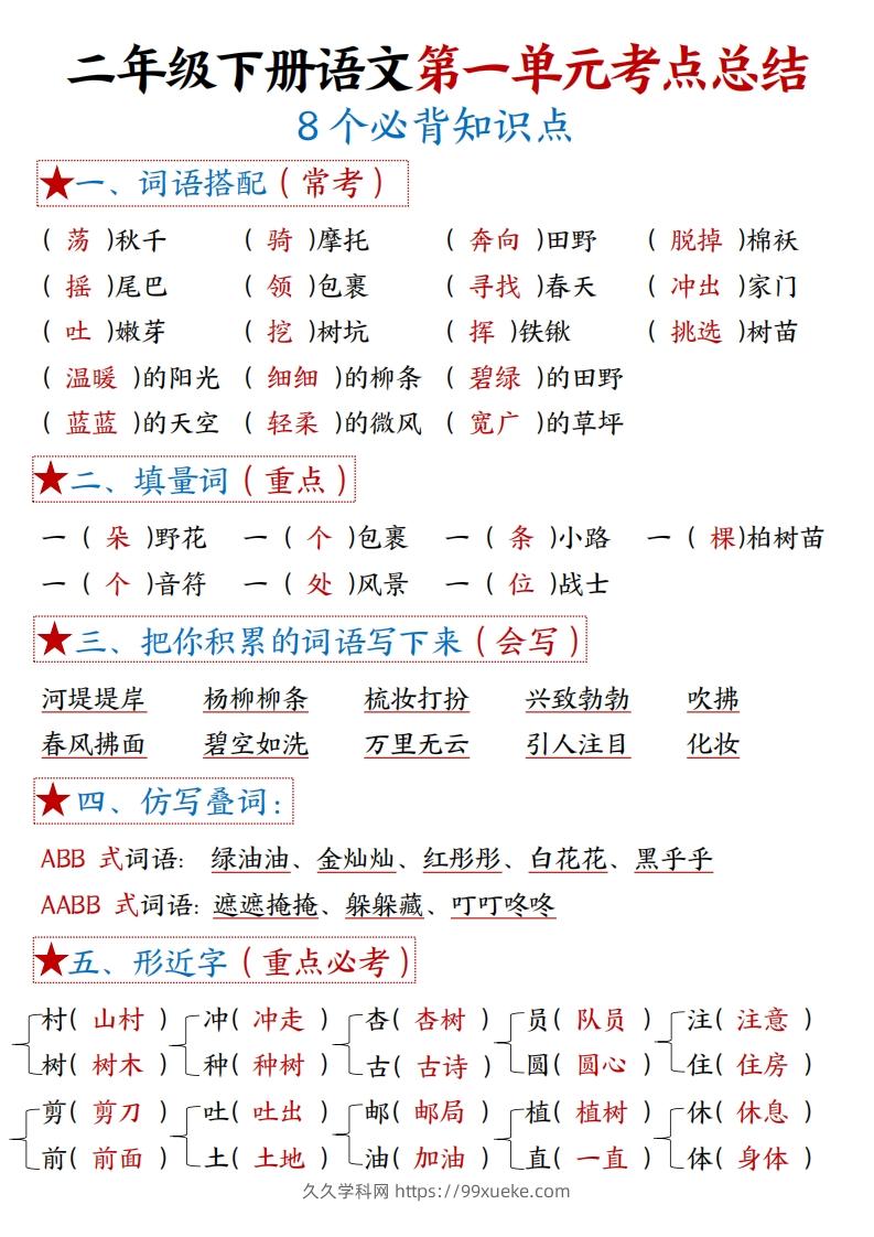 二下语文1-8单元【考点总结】（8个必背知识点+练习）42页-久久学科网