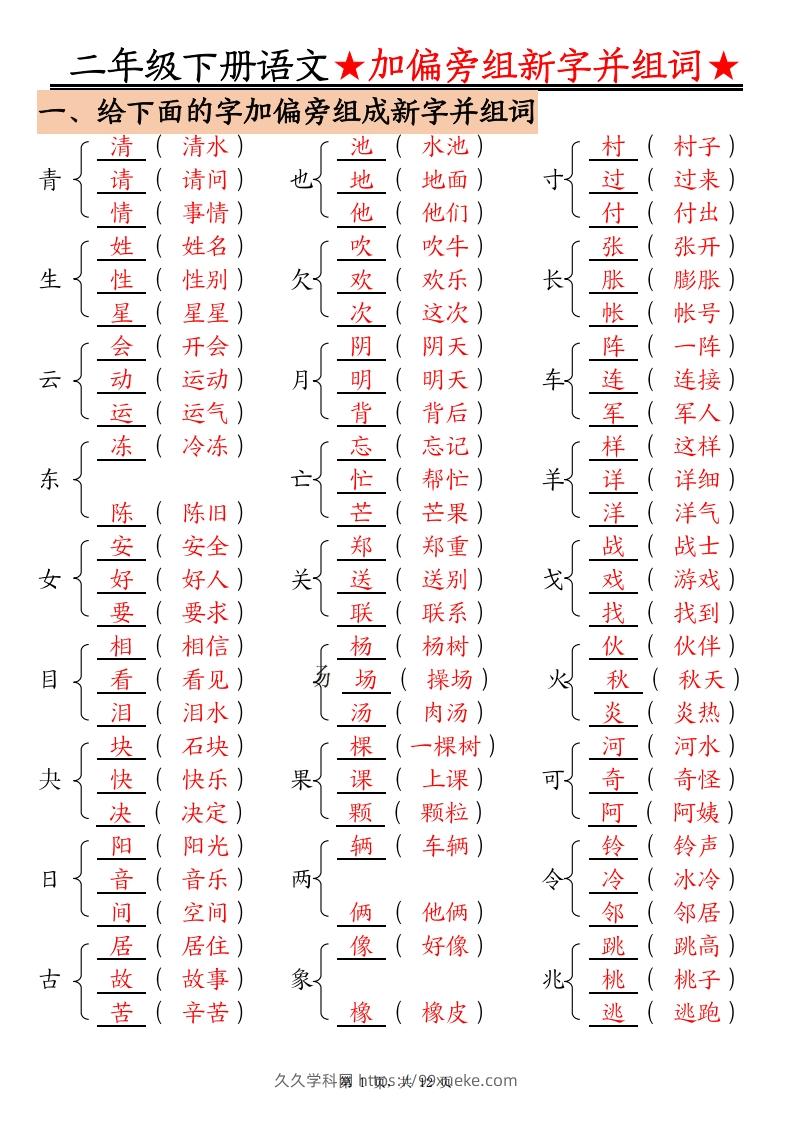 二下语文【加偏旁部首组新字并组词】专项练习（含答案12页）-久久学科网