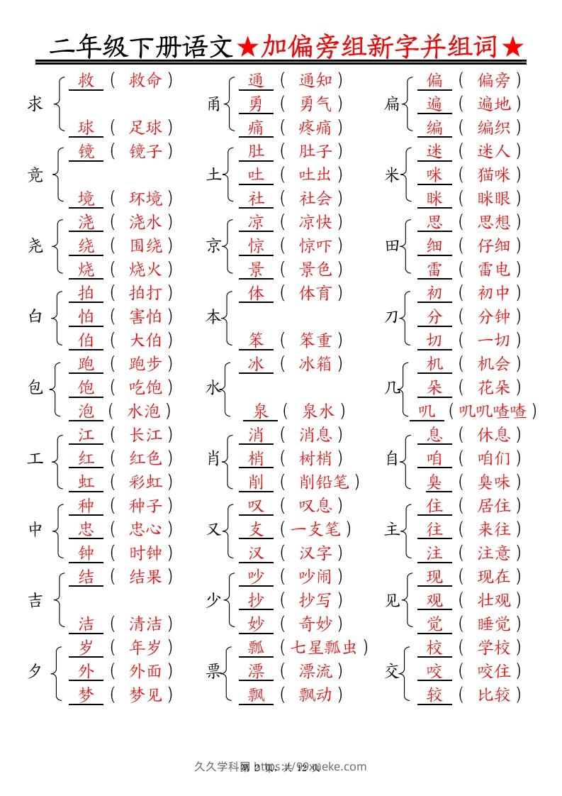 图片[2]-二下语文【加偏旁部首组新字并组词】专项练习（含答案12页）-久久学科网