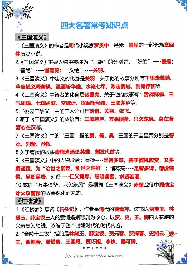 【四大名著】五年级下册语文四大名著常考知识点-久久学科网
