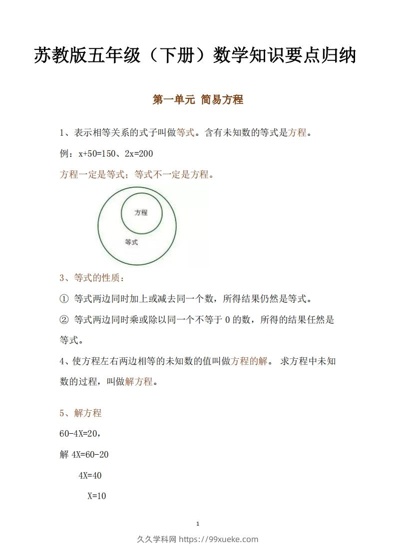 五下数学：苏教版数学知识点-久久学科网
