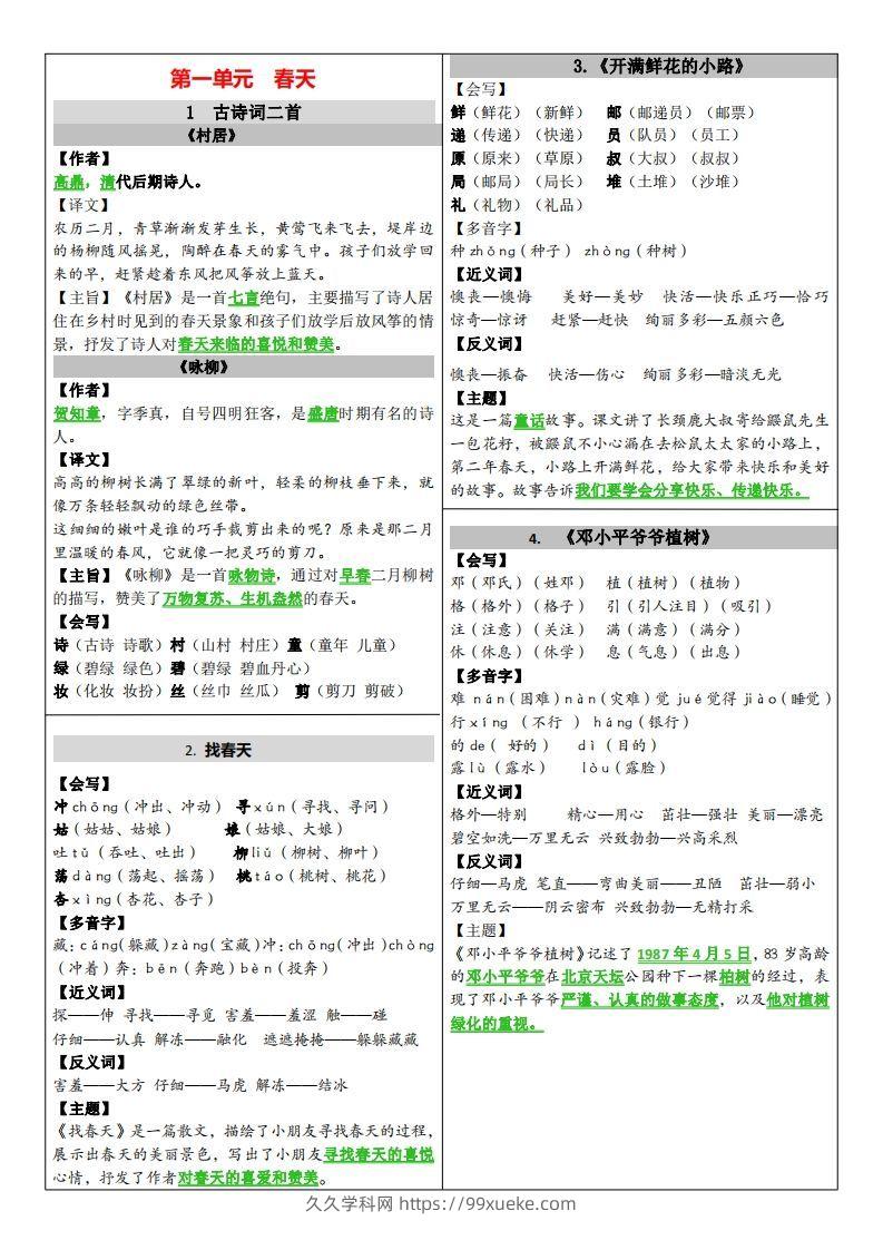 二年级下册语文课课贴（贴书）-久久学科网