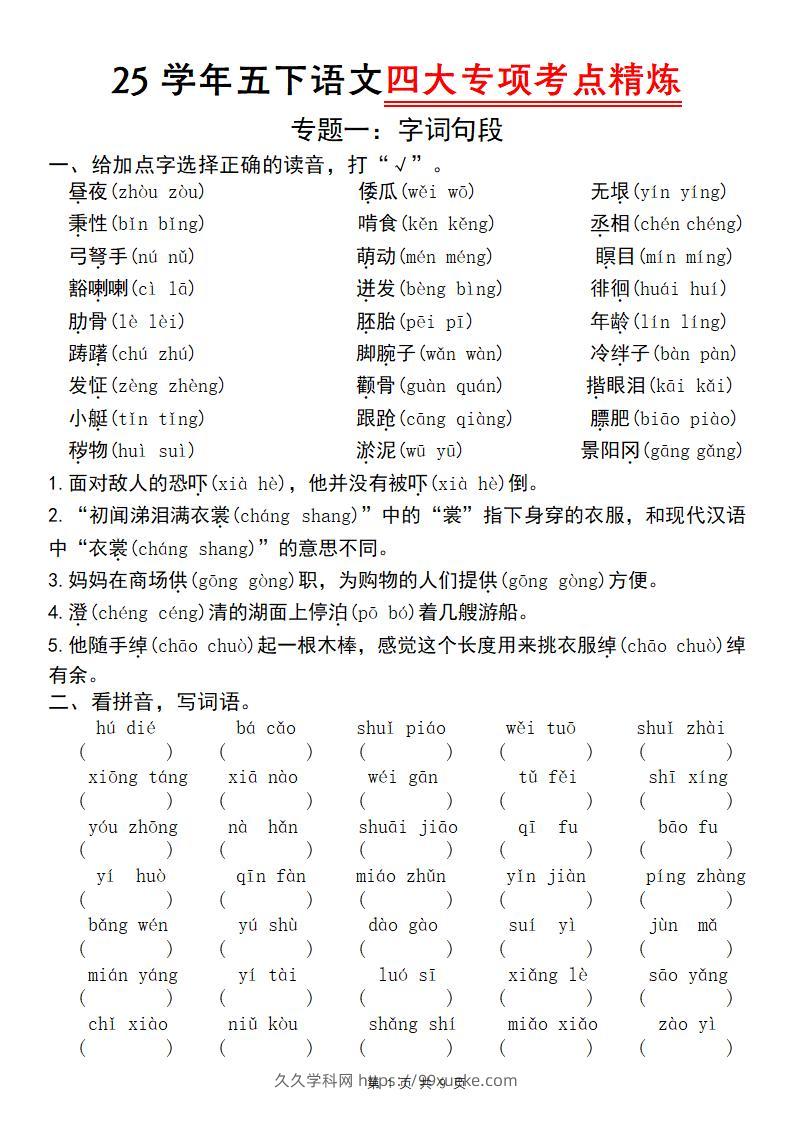 25学年五下语文四大专项考点精炼（专题一：字词句段）-久久学科网