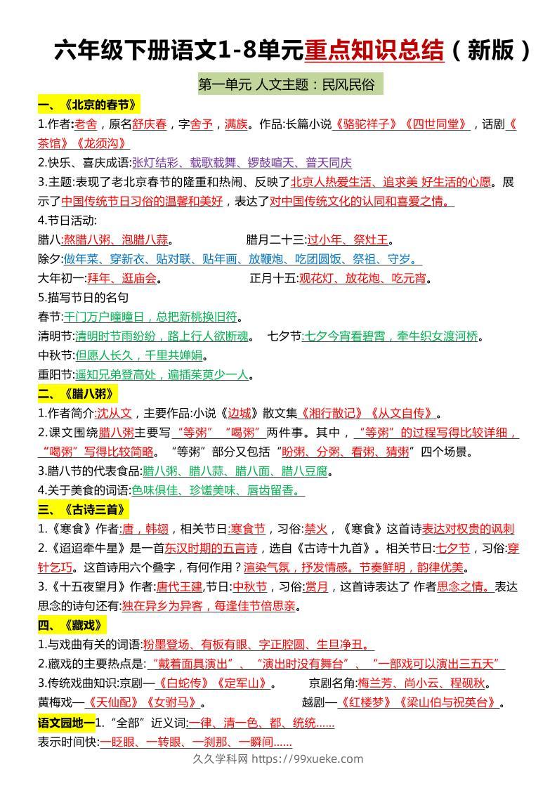 六年级下语文1-8单元常考知识点总结-久久学科网