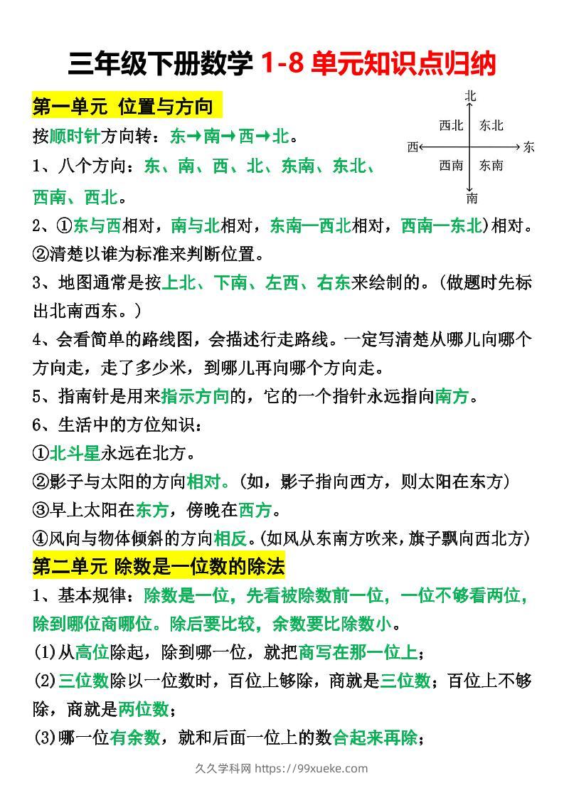 三年级下册数学1-8单元知识点归纳(改)-久久学科网