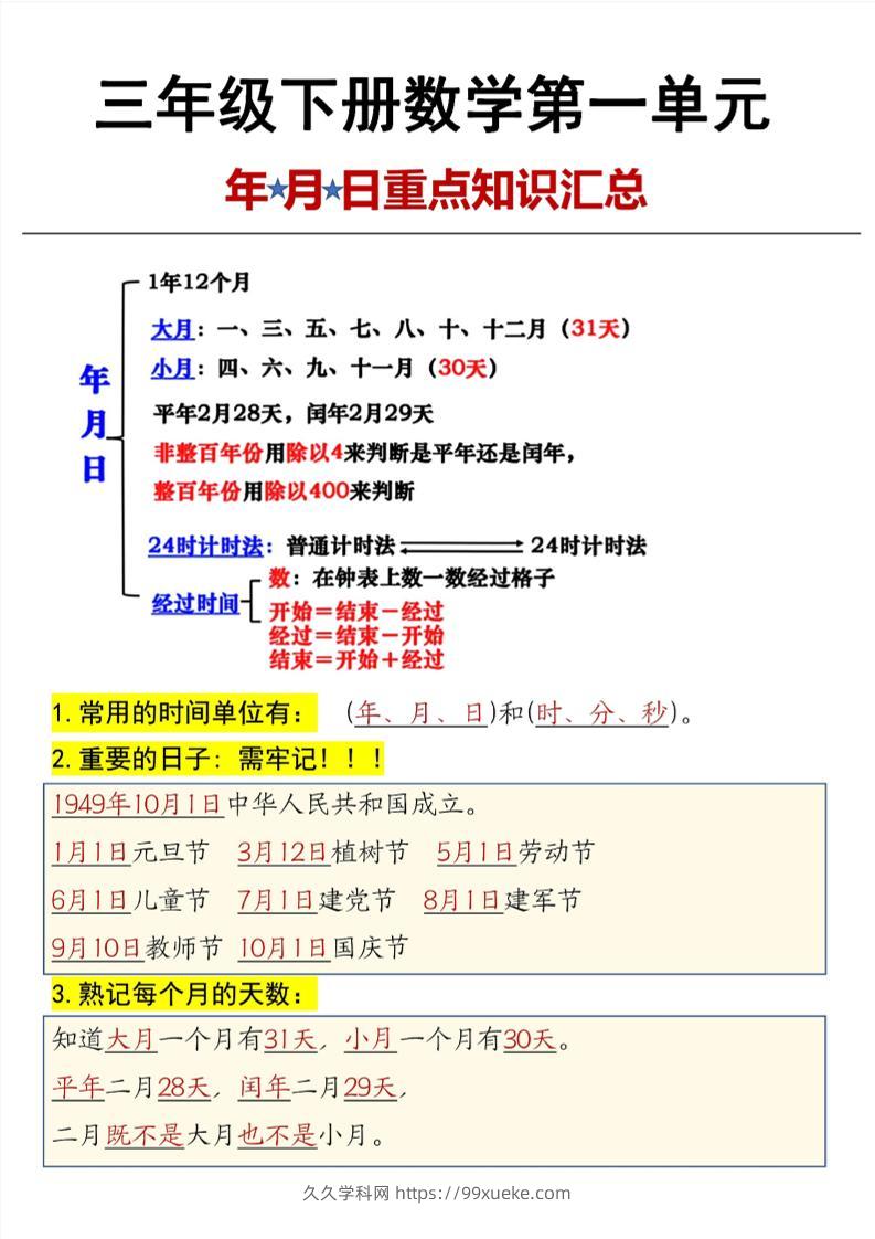 三年级下数学第6单元年月日重点知识汇总-久久学科网