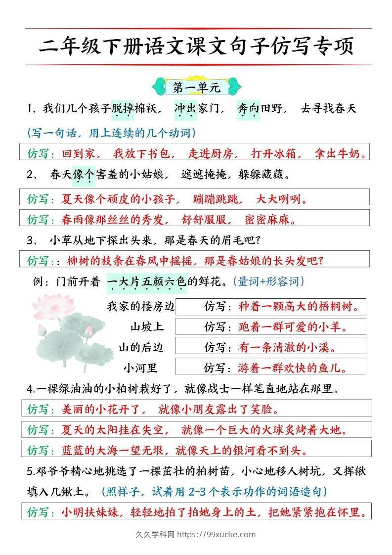 二下语文【必考仿写句子】读背版-久久学科网