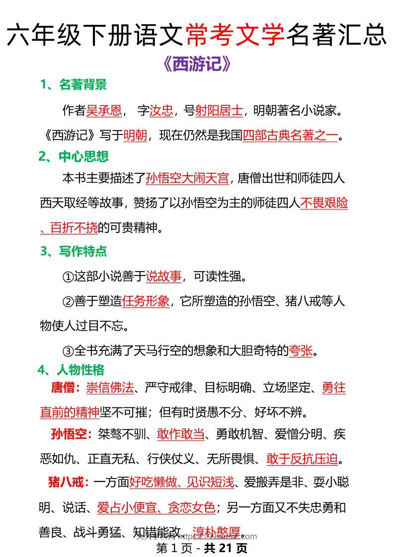 语文六年级下册常考文学名著汇总-久久学科网