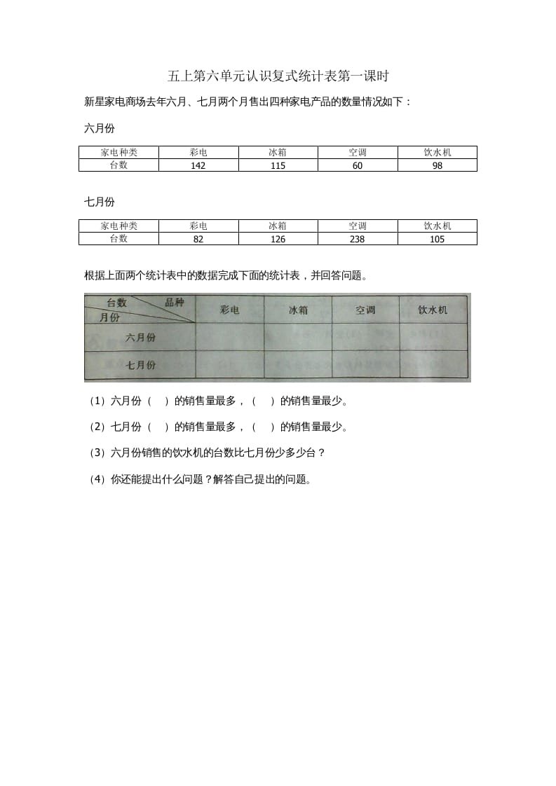 五年级数学上册6.1认识复式统计表（苏教版）-久久学科网