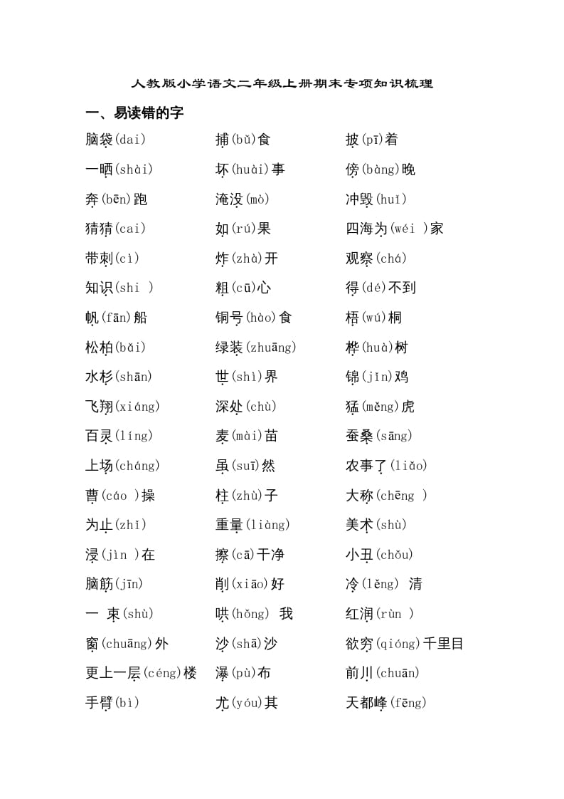 二年级语文上册期末专项知识梳理（部编）2-久久学科网