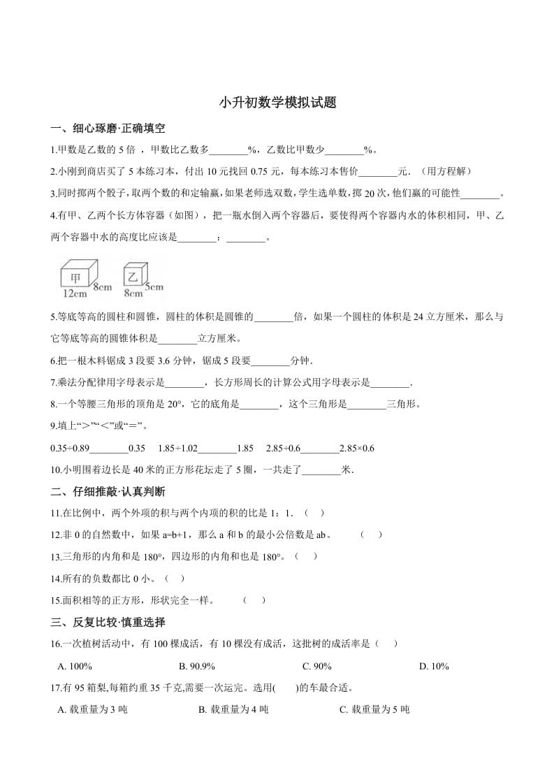 六年级数学下册小升初模拟试题（25）苏教版（含解析）-久久学科网