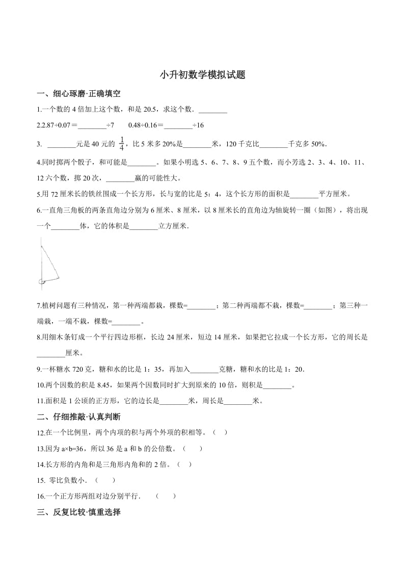 六年级数学下册小升初模拟试题（19）苏教版（含解析）-久久学科网