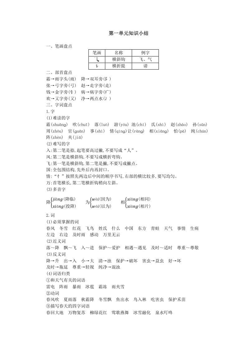 一年级语文下册第一单元知识小结-久久学科网